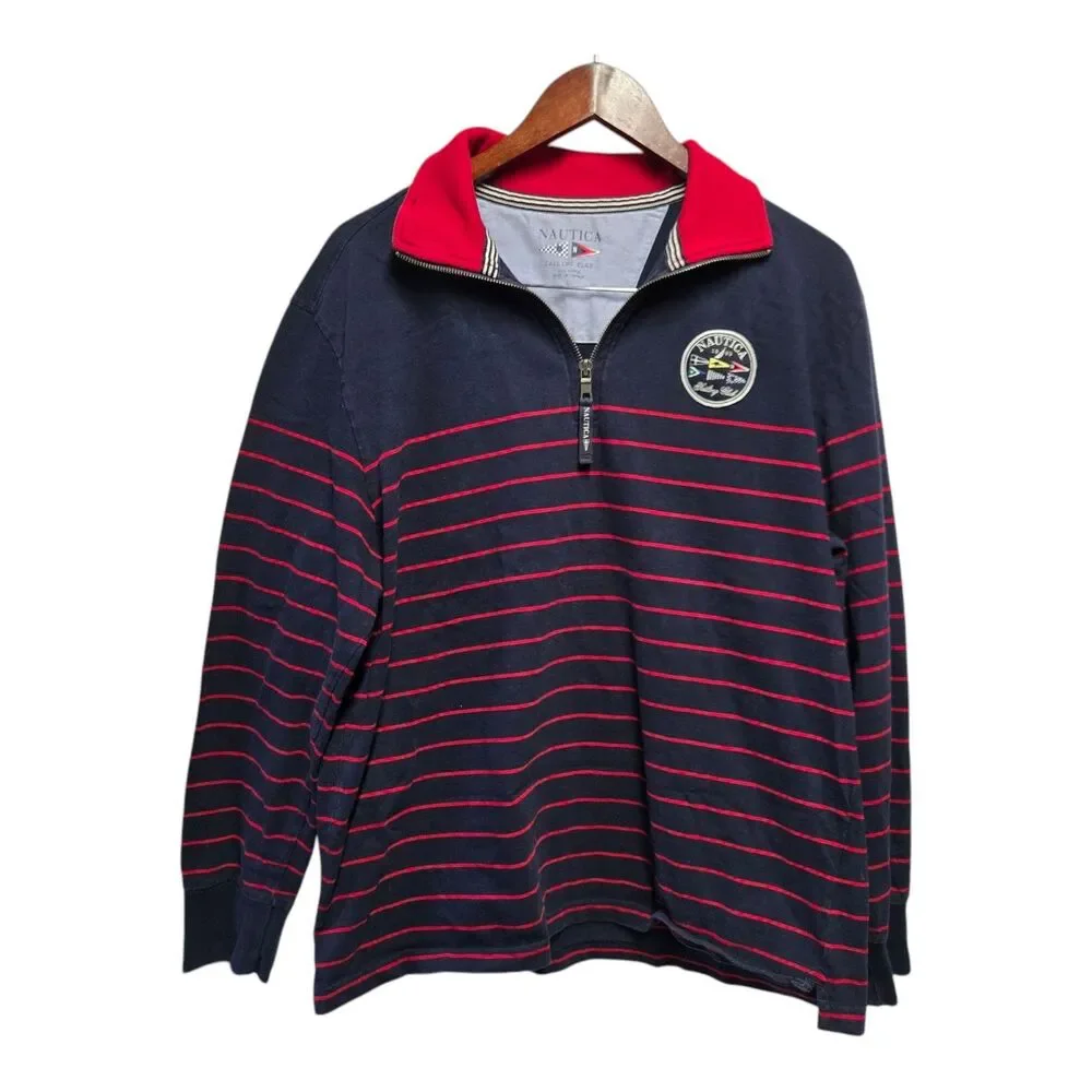 NAUTICA‎ Sailing Club Stripe Quarter Zip Pullover Patch Logo LARGE